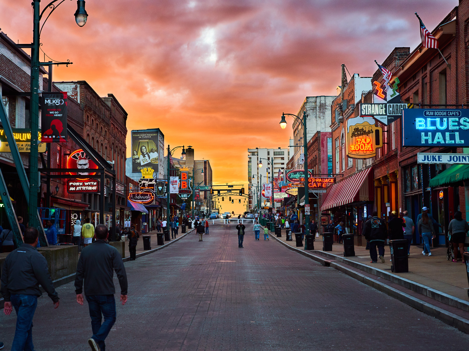 Beale Street at night with neon signs and live music venues